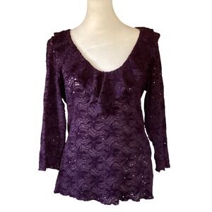 Women Sheer Mesh Ruffled Eyelet Lace Top M Purple Romantic Whimsigoth Layering‎